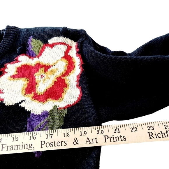 Vintage Cardigan Sweater Floral Bobbled Cable Knit Shoulder Pads Navy Cotton Y2K - Picture 9 of 16